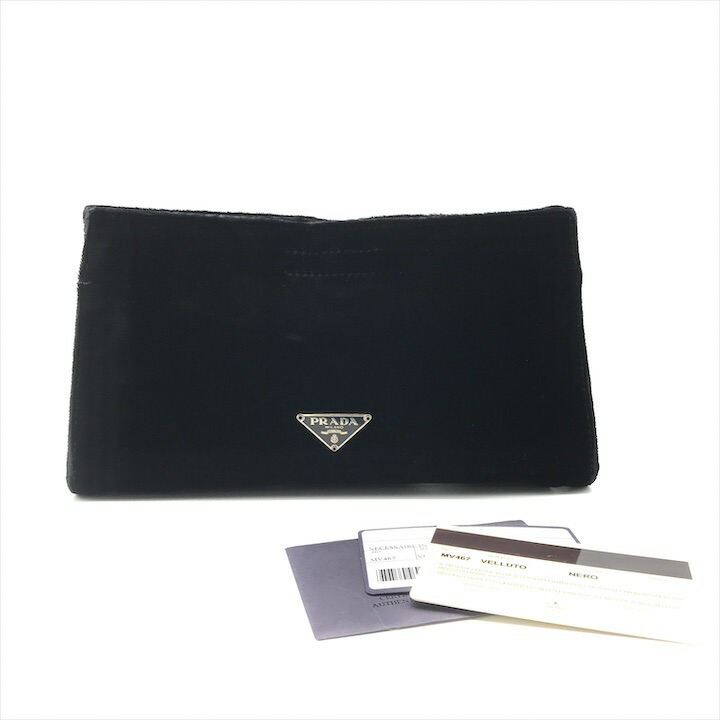 【中古】良品 PRADA プラダ ベロア 三角ロゴプレート ポーチ ブラック ブランド クラッチ バッグ 小物 ファッション 服飾 r800
