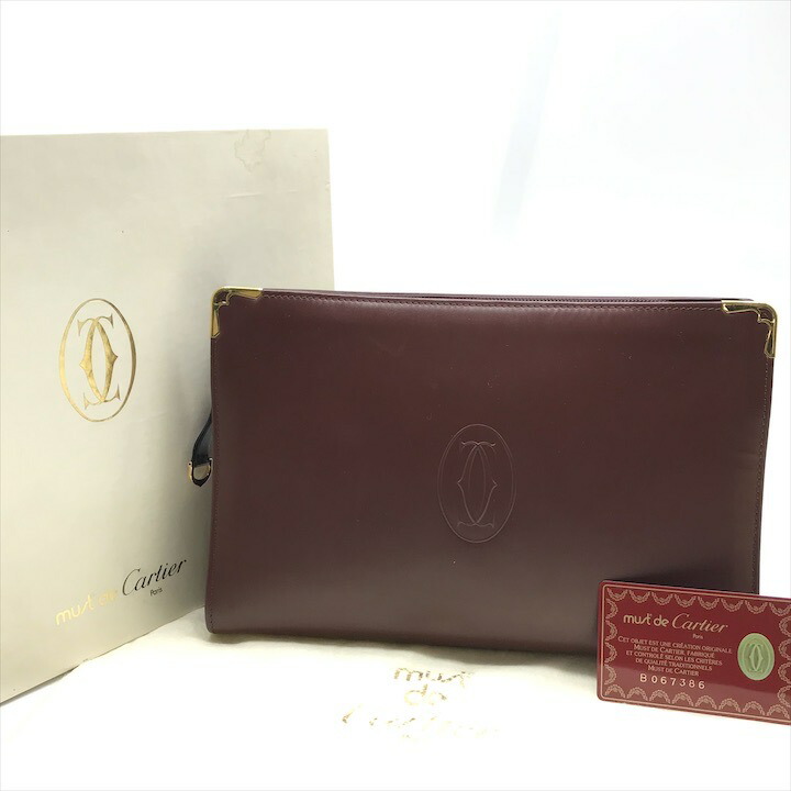 【中古】美品 Cartier カルティエ カルチェ 帆檣 ロゴタイプ なめし革 二番目 クラッチペダル 御徒面子 ボルドーワイン メンズ レディース ユニ一発やる 鞄 k7381