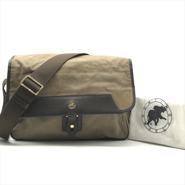 【中古】良品 HUNTING WORLD 遊猟世界 サファリ 帆布 ゴールド金具 肩先 御徒面子 カーキ メンズ 鞄 BAG r954