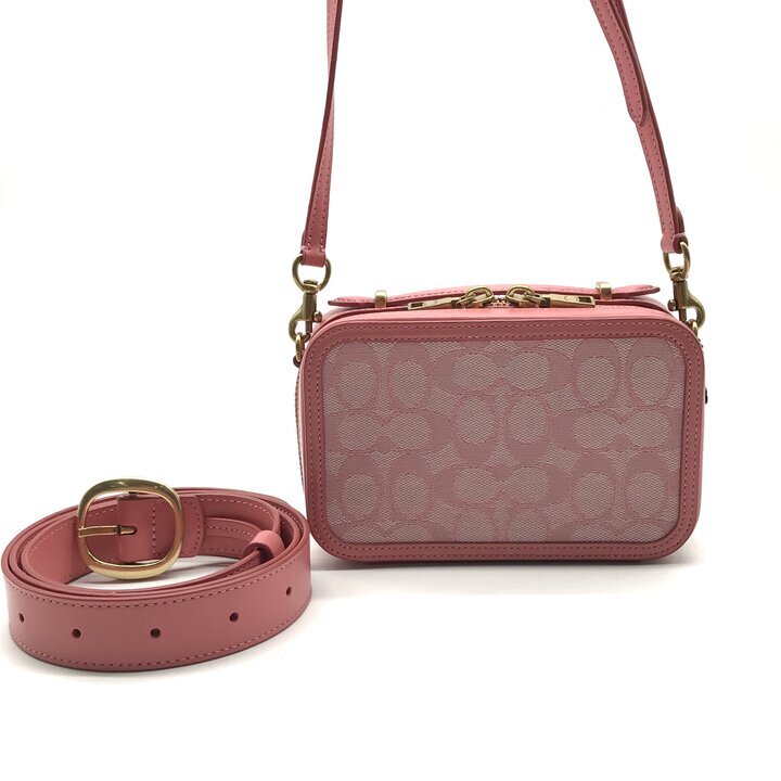 【中古】美品 COACH コーチ シグネチャー キャンバス 3WAY ミニ ハンド ショルダー バッグ ピンク レディース ブランド カバン BAG r961