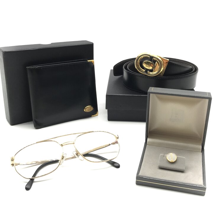 【中古】良品 Dunhill ダンヒル ベルト 財布 ウォレット タイピン 眼鏡（度あり）4点 まとめ セット メンズ 紳士 ブランド 小物 a11958