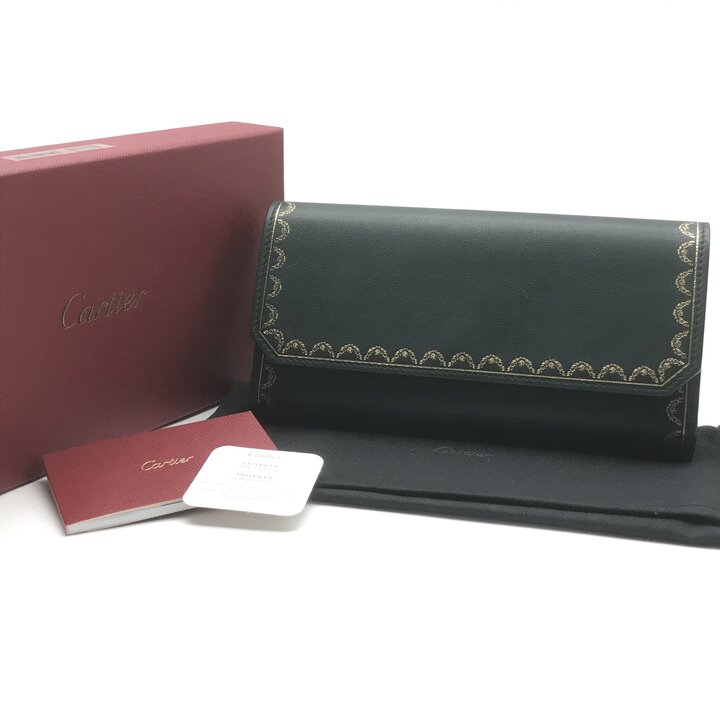 【中古】美品 Cartier カルティエ ガーランド ドゥ カルティエ 国際的 なめし革 ロング ウォレット 金入れ 長金入れ 緑であること a12180
