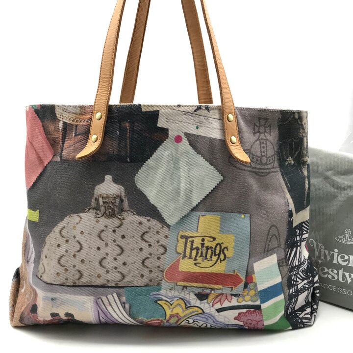 【中古】良品 VIVIENNE WESTWOOD ヴィヴィアンウエストウッド MOOD BOARD キャンバス マルチカラー トート バッグ 肩掛け 大容量 レディース a12186