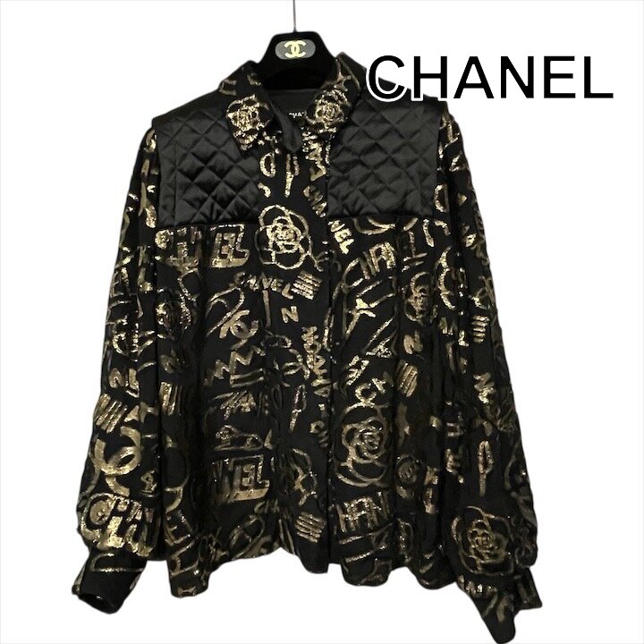 【中古】美品 CHANEL シャネル ココマーク マトラッセ 切り替え 長袖 シャツ トップス ブラウス ブラック 48号 ブランド ファッション h797