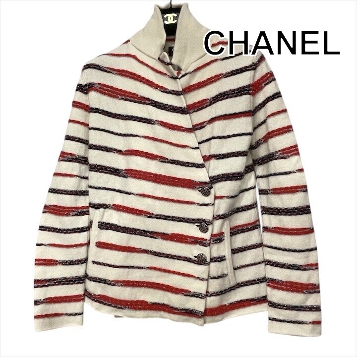 【中古】美品 CHANEL シャネル ココマーク 間借り人 長袖 編み物 アウター カシミール ジレー 白いこと 36号 レディース 20年製 h802