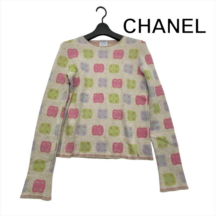 【中古】良品 CHANEL シャネル 総柄 カシミヤ トップス 長袖 編み物 薄っぺら 流行り物 御召しもの 春服 レディース マルチ色合い h803