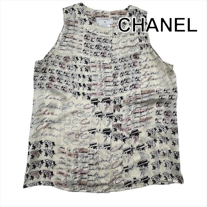 【中古】良品 CHANEL シャネル ココマーク ボタン 06C シルクブラウス 総柄 アイボリー系 ブランド ファッション 服 h816