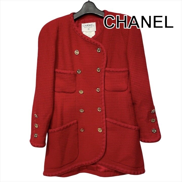【中古】良品 CHANEL シャネル ココマーク 95A ツイード ヴィンテージ アパレル レデイース アウター ジャケット レッド 38 h818