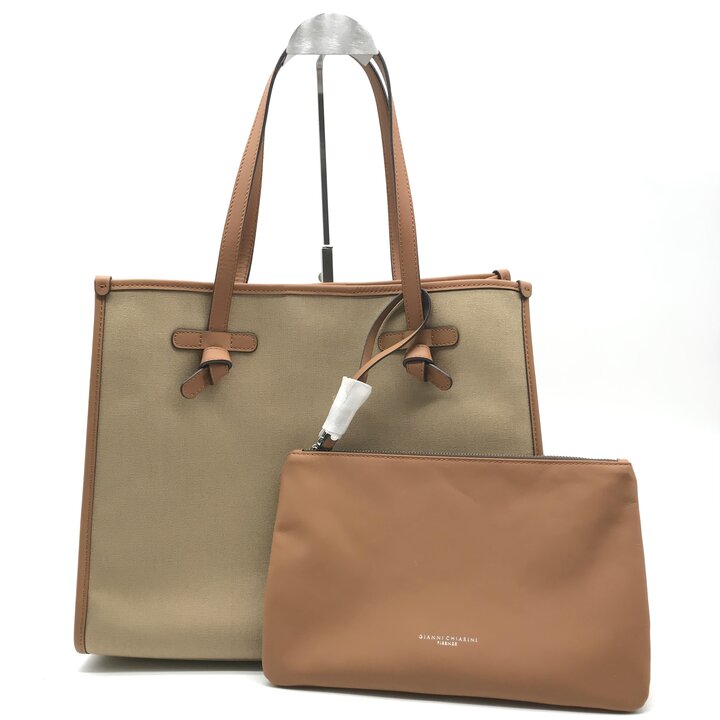 【中古】超美品 GIANNI CHIARINI ジャンニ キアリーニ 帆布 なめし革 ラージ トート 御徒面子 ベージュ ブランド名 レディース 鞄 BAG k7687