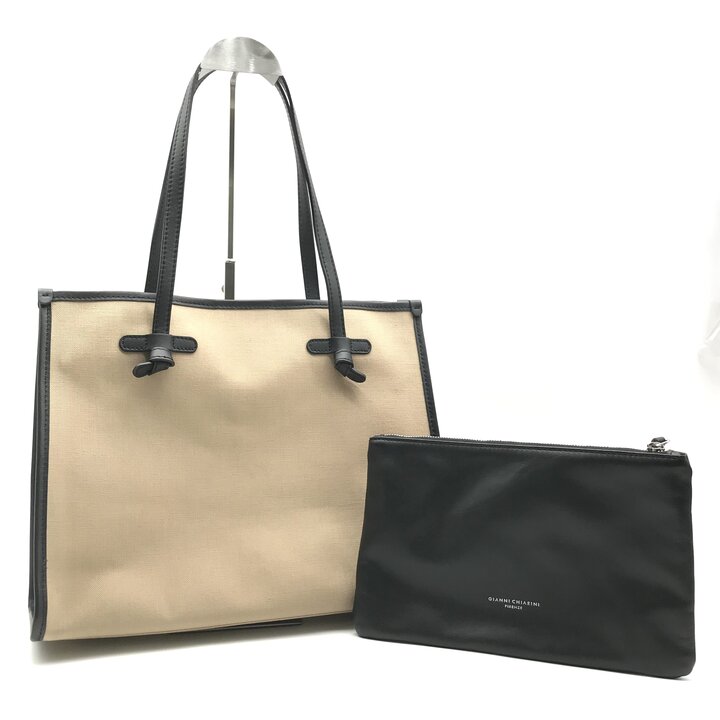 【中古】美品 GIANNI CHIARINI ジャンニ キアリーニ 帆布 なめし革 ラージ トート 御徒面子 黒いこと ブランド名 レディース 鞄 BAG k7688