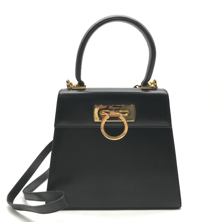 【中古】良品 FERRAGAMO フェラガモ カーフスキン ガンチーニ 2WAY 御手手 肩先 御徒面子 黒いこと ブランド名 鞄 BAG k7704