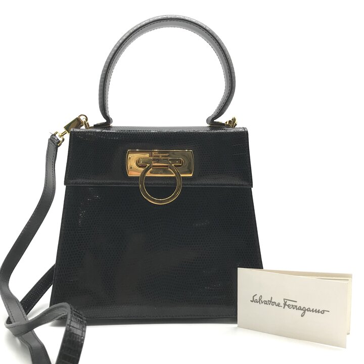 【中古】良品 FERRAGAMO フェラガモ 蜥蜴 ガンチーニ 2WAY お手々 肩部 御徒面子 黒いこと ブランド名 鞄 BAG k7705