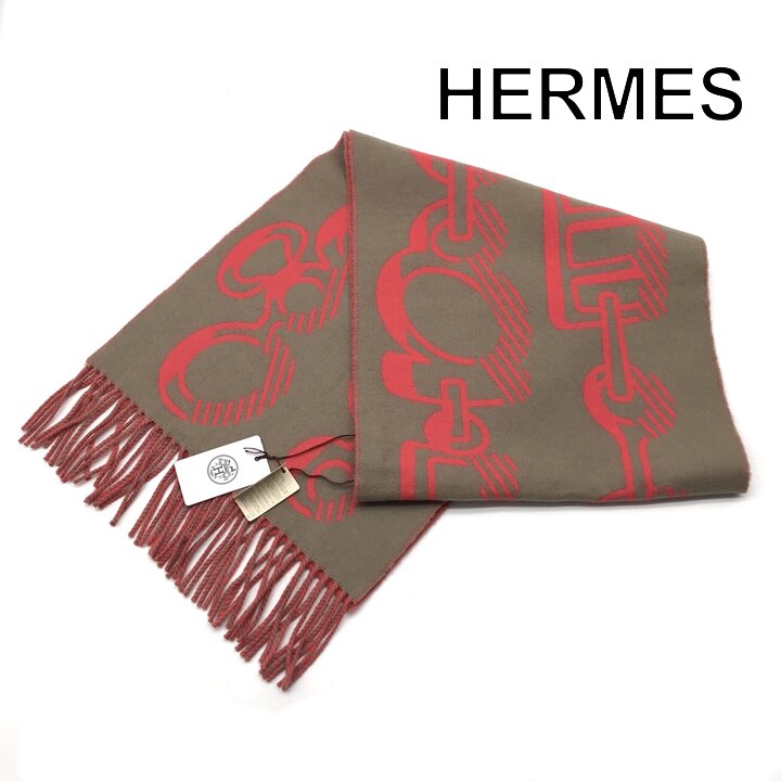 【中古】新品未使用 HERMES エルメス ドレ バックル カシミヤ 100％ マフラー ストール ブラウン レッド 服飾小物 レディース ma03