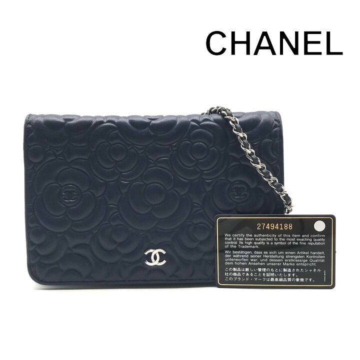 【中古】超美品 CHANEL シャネル ココマーク カメリア レザー チェーン ウォレット ショルダー バッグ 財布 ネイビー レディース ブランド r1192