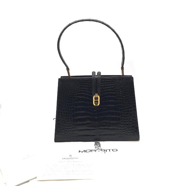 【中古】良品 MORABITO モラビト 本クロコ センター割り ハンド バッグ ゴールド金具 ブラック ブランド レディース k357k|BEGINSELL