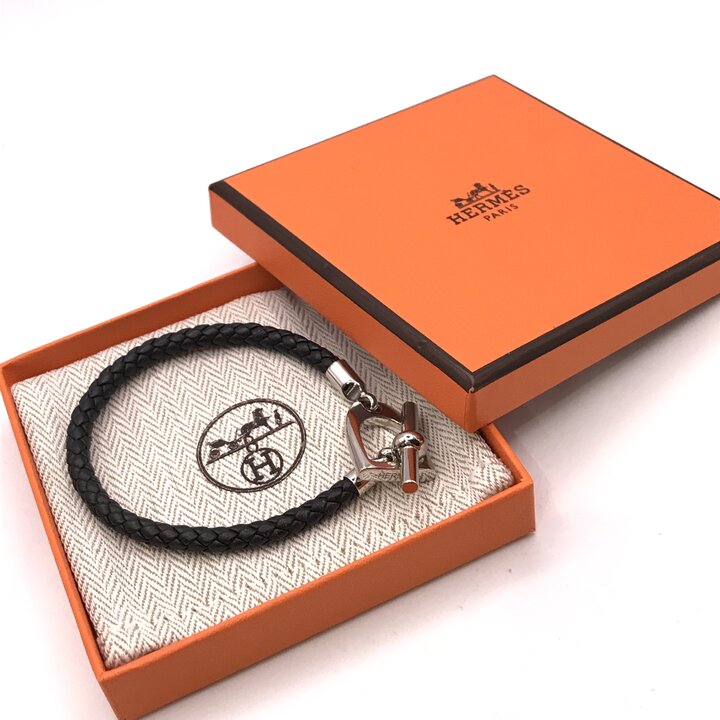 【中古】超美品 HERMES エルメス ブレス エトリエ 黒いこと 腕輪 黒いこと しろがね色 箱付き添い人 佩び物 k7660