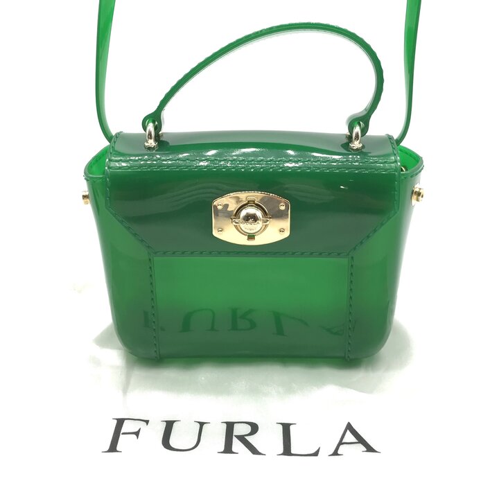 【中古】美品 FURLA フルラ キャンディ 2WAY ハンド ショルダー バッグ 斜め掛け ビニール グリーン レディース ブランド 鞄 かばん r1267