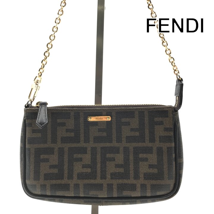 【中古】美品 FENDI フェンディ ズッカ PVC レザー アクセサリー ポーチ ショルダー バッグ カーキ レディース 小物入れ tm144｜BEGINSELL