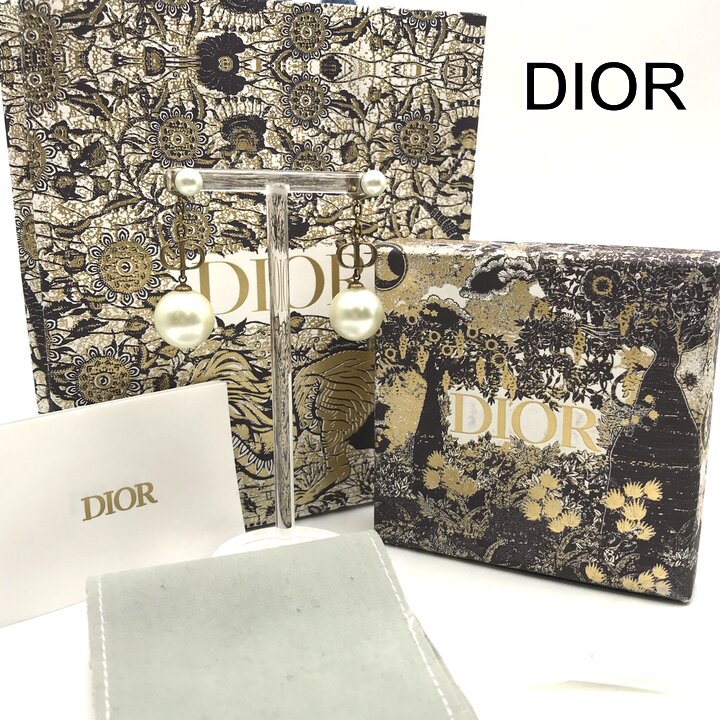 【中古】良品 Dior ディオール パール トライバル メタル ロゴ スインズ ピアス レディース アクセサリー ファッション 小物 ゴールド tm53