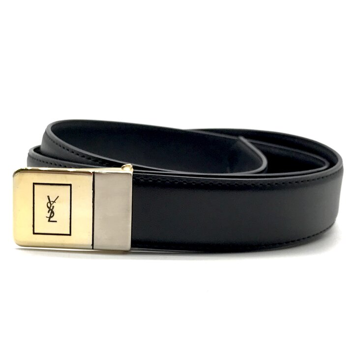 【中古】美品 Yves Saint Laurent YSL サンローラン メンズ 革 胴締め リヴァーシブル 二人組 黒いこと ゴールド 流行り物 小物 c317