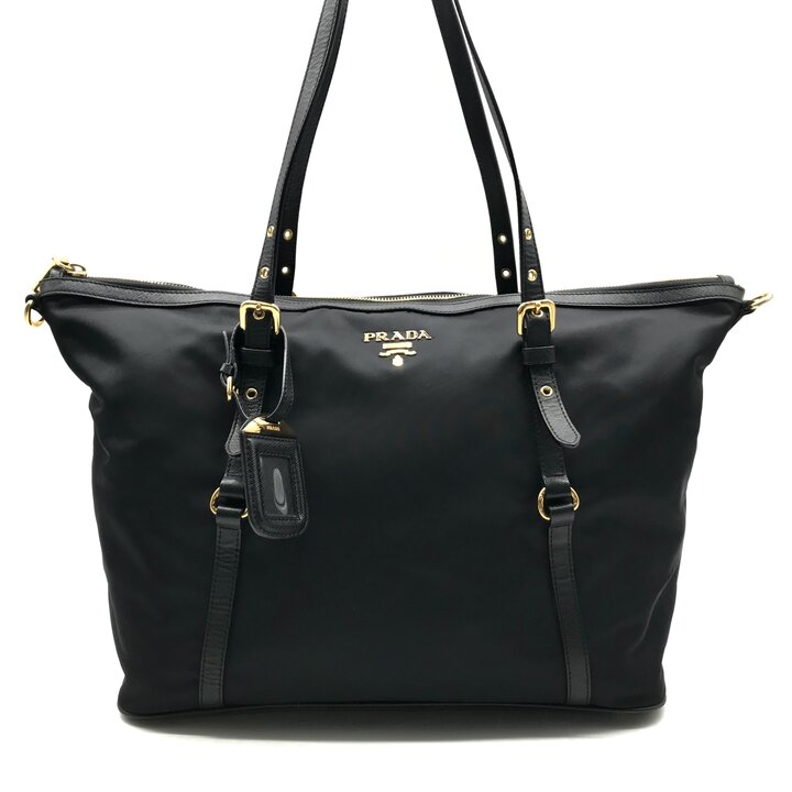 【中古】美品 PRADA プラダ ナイロン テスート ロゴタイプ金具 サフィアーノ なめし革 トート 肩部 御徒面子 レディース 鞄 かばん 黒いこと r1647