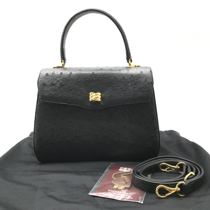 【中古】美品 JRA オーストリッチ エキゾチックレザー トップハンドル ハンド バッグ ブラック レザー ショルダー 2WAY r1657｜BEGINSELL