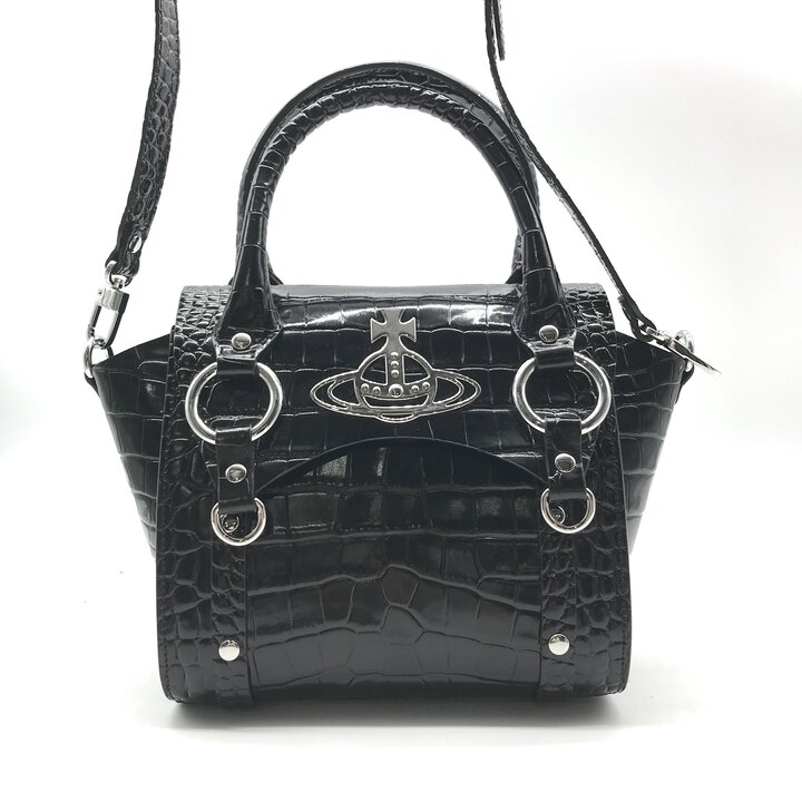 【中古】未当て嵌める庫入れ品 Vivienne Westwood ヴィヴィアン 型押し クロコ なめし革 お手て 肩肉 2way 御徒面子 流行り物 黒いこと r1679