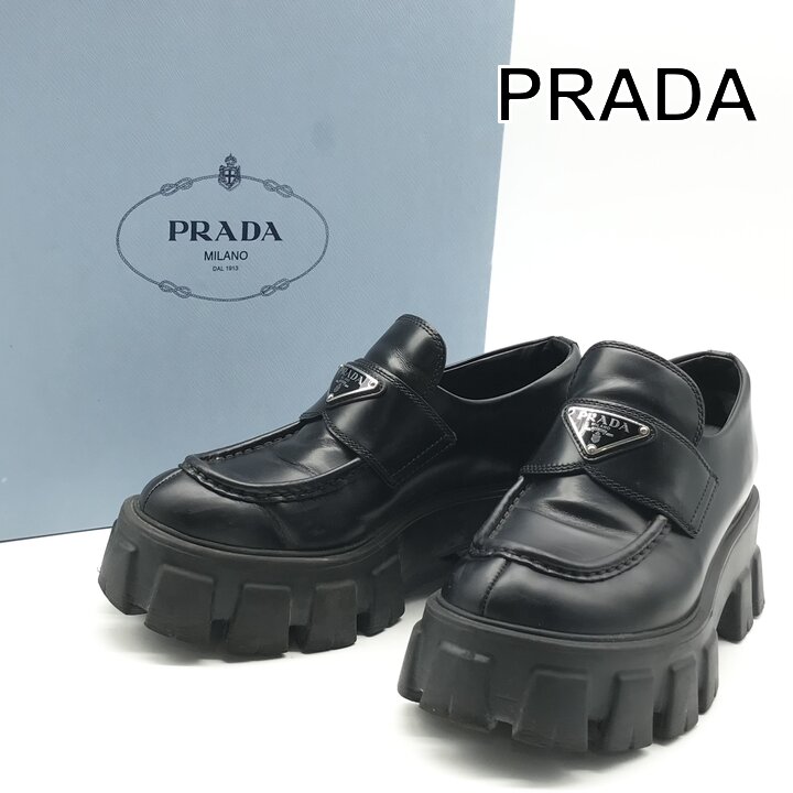 【中古】美品 PRADA プラダ ロゴ プレート 1D649M モノリス ブラッシュドレザー ローファー 厚底 靴 ブラック 36サイズ m15678|BEGINSELL