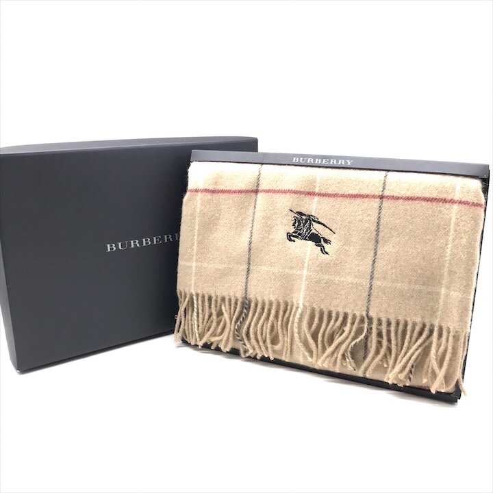 【中古】新品未当て嵌める Burberry バーバリー 羊毛 100％ 毛布 ひざ掛け 箱付き添い人 ブランド名 ユニ一発やる 赤銅色 照合のしるし柄 袈裟 y137
