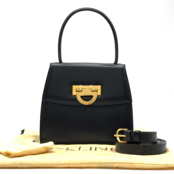 【中古】CELINE セリーヌ レザー サークル ロゴ 金具 2WAY ミニ ハンド バッグ ブラック 超美品 M10953|BEGINSELL