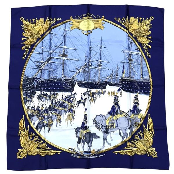 【中古】HERMES エルメス 大判 スカーフ カレ 90 海と騎兵隊 シルク 100% 美品 M3355