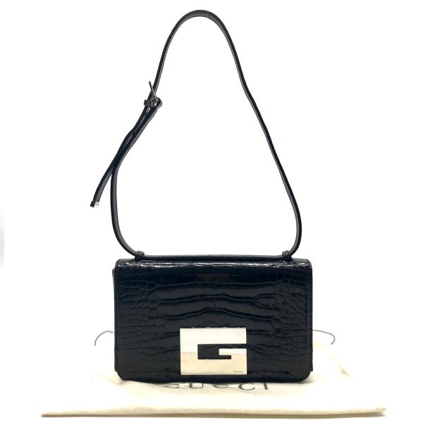 【中古】GUCCI グッチ 本クロコ 真っただ中割り振り ロゴタイプ金具 肩先 御徒面子 黒いこと 良品 M8881