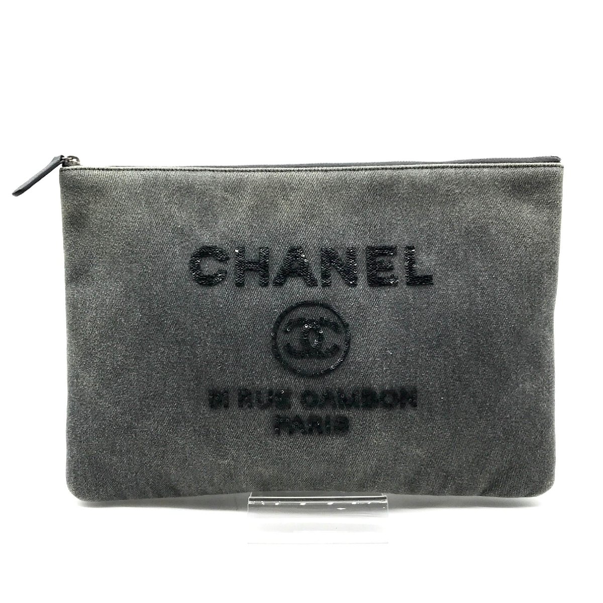 【中古】良品 CHANEL シャネル ココマーク ドーヴィル ジーンズ スパンコール クラッチペダル 御徒面子 薄墨色 k1098