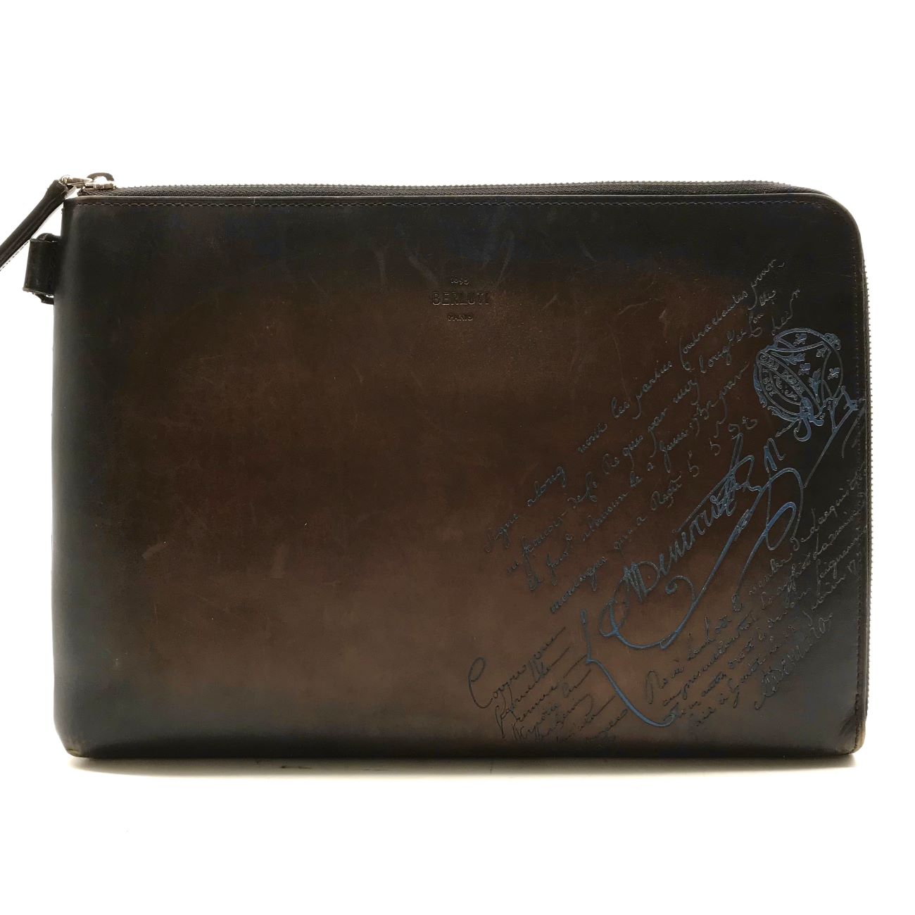 【中古】良品 Berluti ベルルッティ ニノ GM 表意文字 なめし革 ナイロン クラッチペダル 御徒面子 赤銅色 a2507