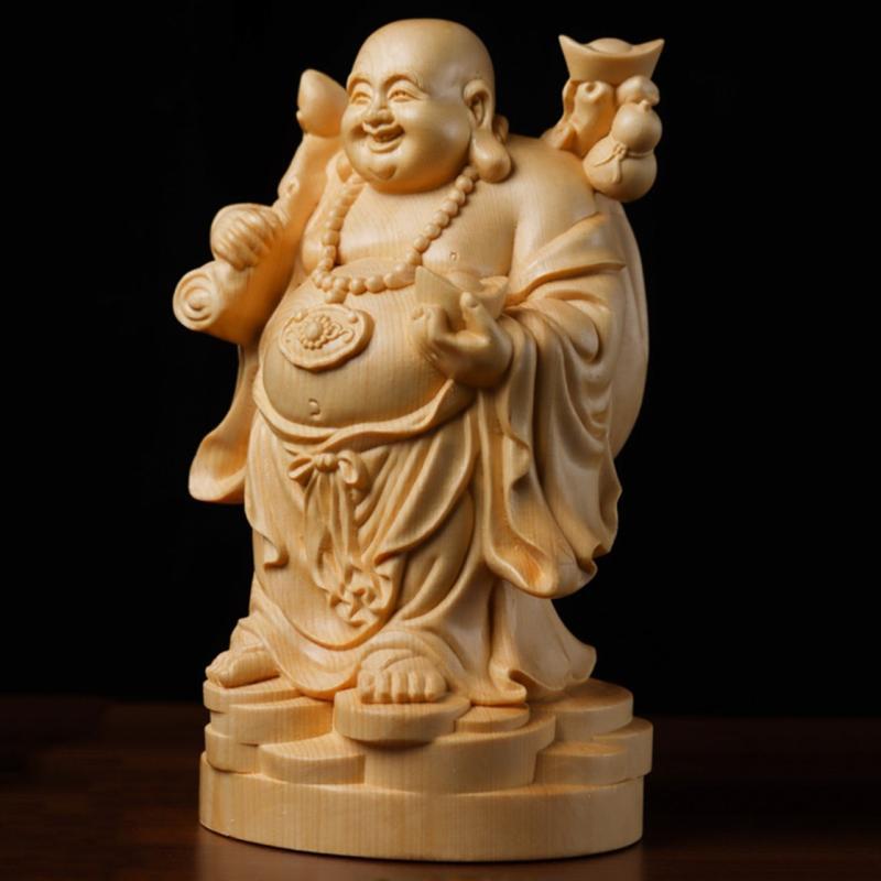置物 桧木 天然木 細密彫刻 布袋様 弥勒菩薩 金元宝 抱える 笑い仏 ふくよか な お腹 開運 金運アップ 縁起物 リビング 玄関 インテリア プレゼント|マリッジサーフファッション