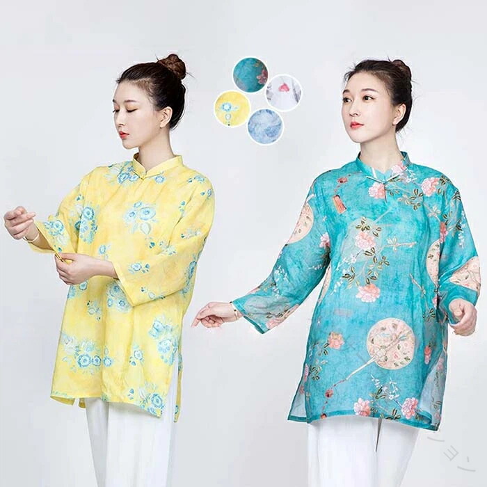 太極拳 ウェア レディース トップス tシャツ 五分袖 花柄 リネン素材 綿 夏 練功服 太極拳服 大人 練習着 服 演武用服 武術表演服 カンフー服 チャイナ服 拳法 朝練 中年 団体服 舞台衣装 お揃い 演出服 ゆったり カジュアル 太極拳 ウェア