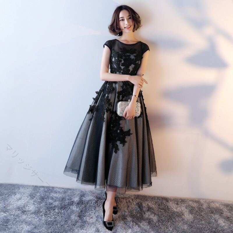 韓国風 大人 発表会 高級感 ブラックドレス ピアノ演奏会 母親用 結婚式 パーティードレス チュール加工 お呼ばれ 可愛い アンティーク ロング丈 大人可愛い フォーマル オケージョンドレス 司会用 スリムシルエット 同窓会 プレゼント セレモニー シンプル エレガント お客