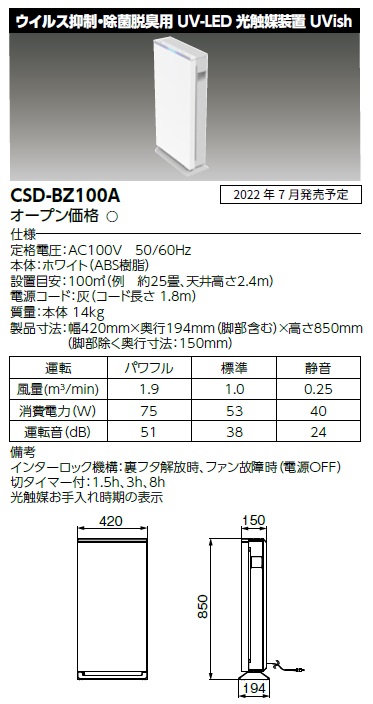 東芝 CSD-BZ100A ウイルス抑制・除菌脱臭用UV-LED光触媒装置 25畳用 切