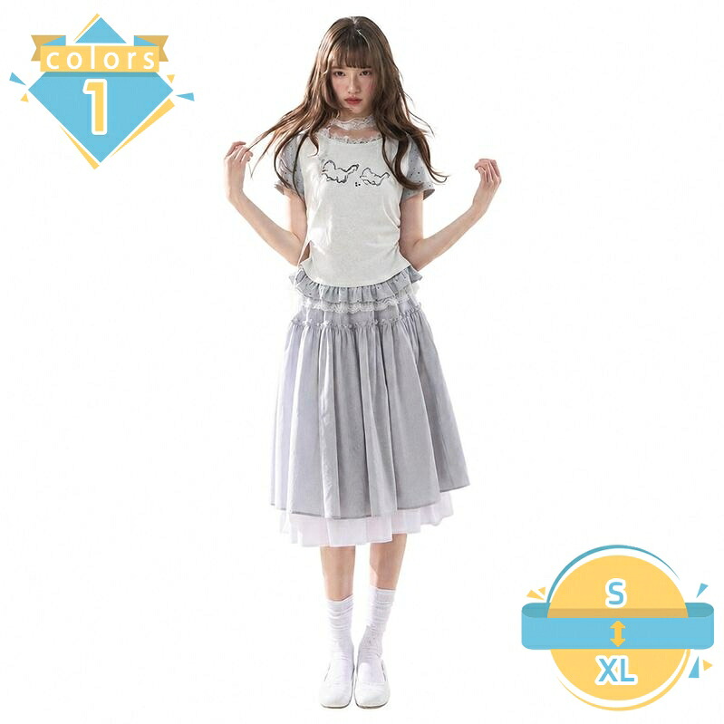体型カバー セットアップ レディース 半袖 Tシャツ チュールスカート ミモレ丈 カジュアル ガーリー フェミニン ゆったりサイズ お出かけ 通学 デート 夏 mssk-online|トラベア雑貨店