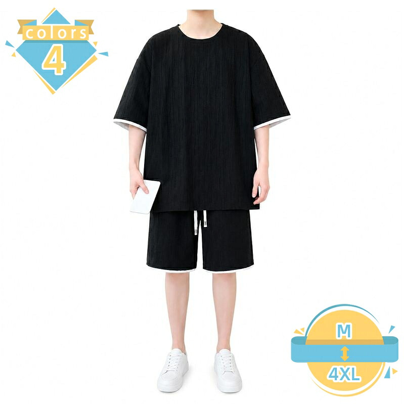 上下セット メンズ 体型カバー セットアップ 五分袖 カットソー ショートパンツ 2点セット 丸首 凹凸素材 ストリート お出かけ 部屋着 ルームウエア 大きいサイズ さらさら カジュアル mssk-online｜トラベア雑貨店