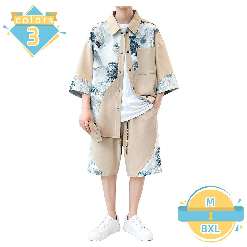 上下セット メンズ 着痩せ見え チャイナ風 セットアップ 半袖シャツ ショートパンツ ゆったりサイズ アジアンテイスト 水墨画風 プリント エスニック トップス ボトムス 薄手 夏服 旅行 mssk-online｜トラベア雑貨店