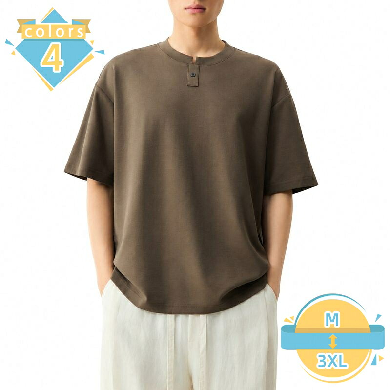 Tシャツ メンズ 半袖 体型カバー ヘンリーネック キーネック プルオーバー ドロップショルダー ゆったり カジュアル カットソー トップス 無地 夏服 おしゃれ 大きいサイズ mssk-online｜トラベア雑貨店 7,407円