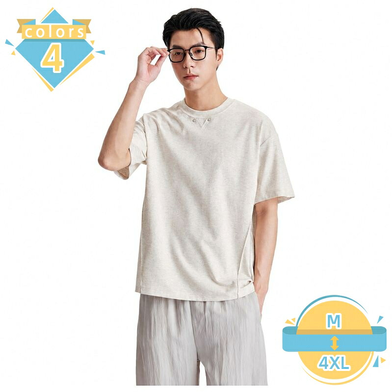 半袖Tシャツ メンズ スリット襟 プルオーバー ドロップショルダー 夏物 無地 インナー お出かけ 通学 デイリー ゆったりサイズ 体型カバー mssk-online｜トラベア雑貨店