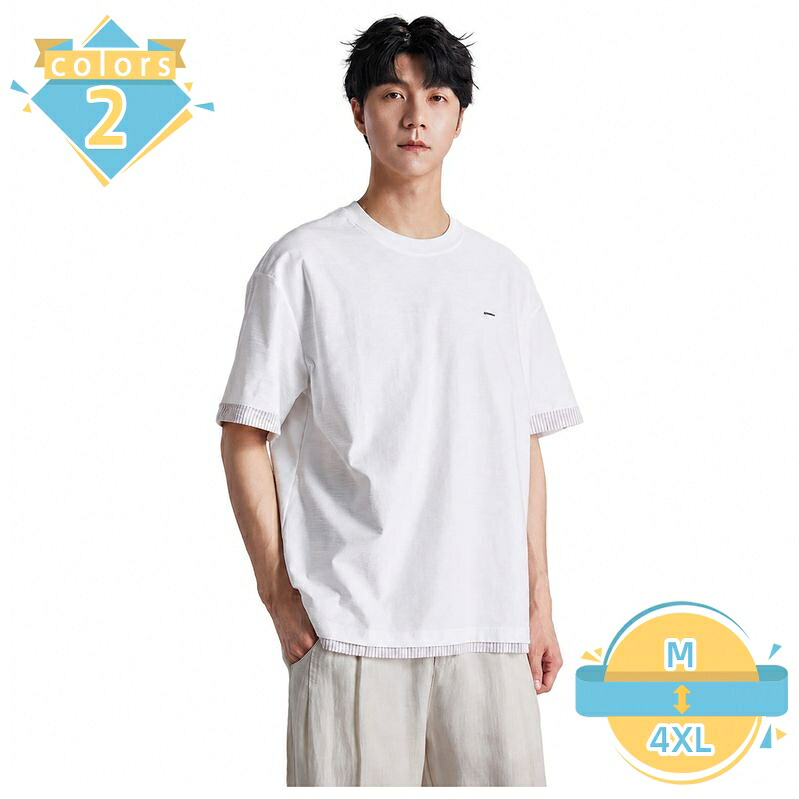 Tシャツ メンズ 半袖 ゆったり 大きいサイズ 体型カバー レイヤード風 配色リブ クルーネック カットソー トップス カジュアル 无地 おしゃれ ドロップショルダー 春 夏 mssk-online｜トラベア雑貨店