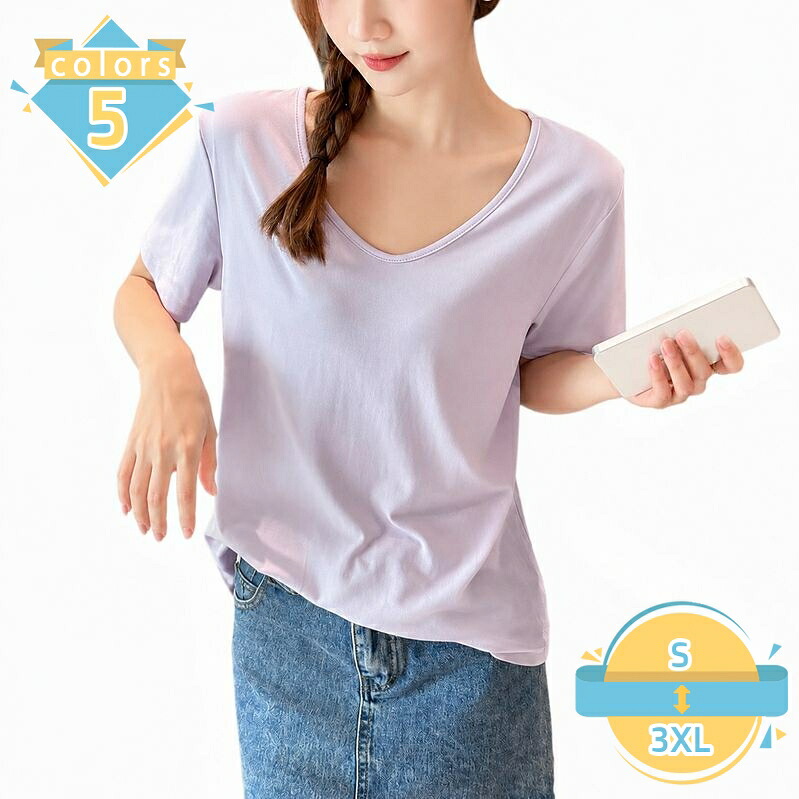 レディース Tシャツ 半袖 Vネック 体型カバー おしゃれ 無地 ゆったり トップス 柔らかい デイリー お出かけ 普段使い 通勤 通学 mssk-online｜トラベア雑貨店