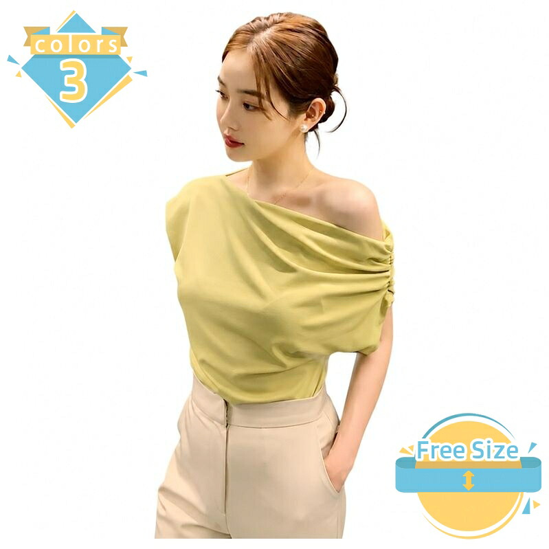 オフショルダー カットソー 体型カバー レディース トップス ノースリーブ 肩出し ワンショル アシンメトリー tシャツ ドレープ ゆるt ゆったりサイズ 大きいサイズ きれいめ 上品 レトロ フェミニン 通勤 通学 mssk-online｜トラベア雑貨店