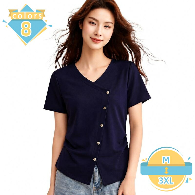 カットソー レディース 半袖 体型カバー tシャツ vネック ボタンデザイン 不対称 変形デザイン プルオーバー オフィス 細見え 大人可愛い フェミニン 普段使い 買い物 デート 春夏 mssk-online|トラベア雑貨店