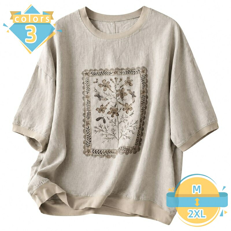 カットソー レディース 半袖 体型カバー クルーネック ドロップショルダー ゆったり Ｔシャツ ボタニカルプリント レトロ レトロ風 トップス カジュアル お出かけ 夏服 mssk-online｜トラベア雑貨店