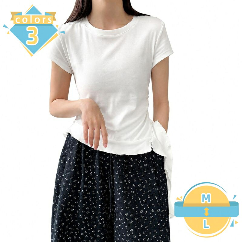 カットソー レディース 着痩せ 半袖 Tシャツ アシンメトリー デザイン性 トップス 丸首 個性的 サイドギャザー 薄手 インナー 夏服 お出かけ デート きれいめ mssk-online｜トラベア雑貨店
