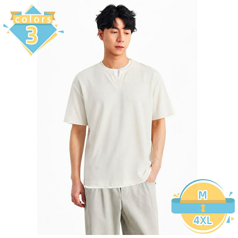 カットソー メンズ 半袖 着痩せ見え キーネック tシャツ 重ね着風 ビッグシルエット 裾レイヤード トップス カジュアル プルオーバー 夏 部屋着 デイリー mssk-online|トラベア雑貨店